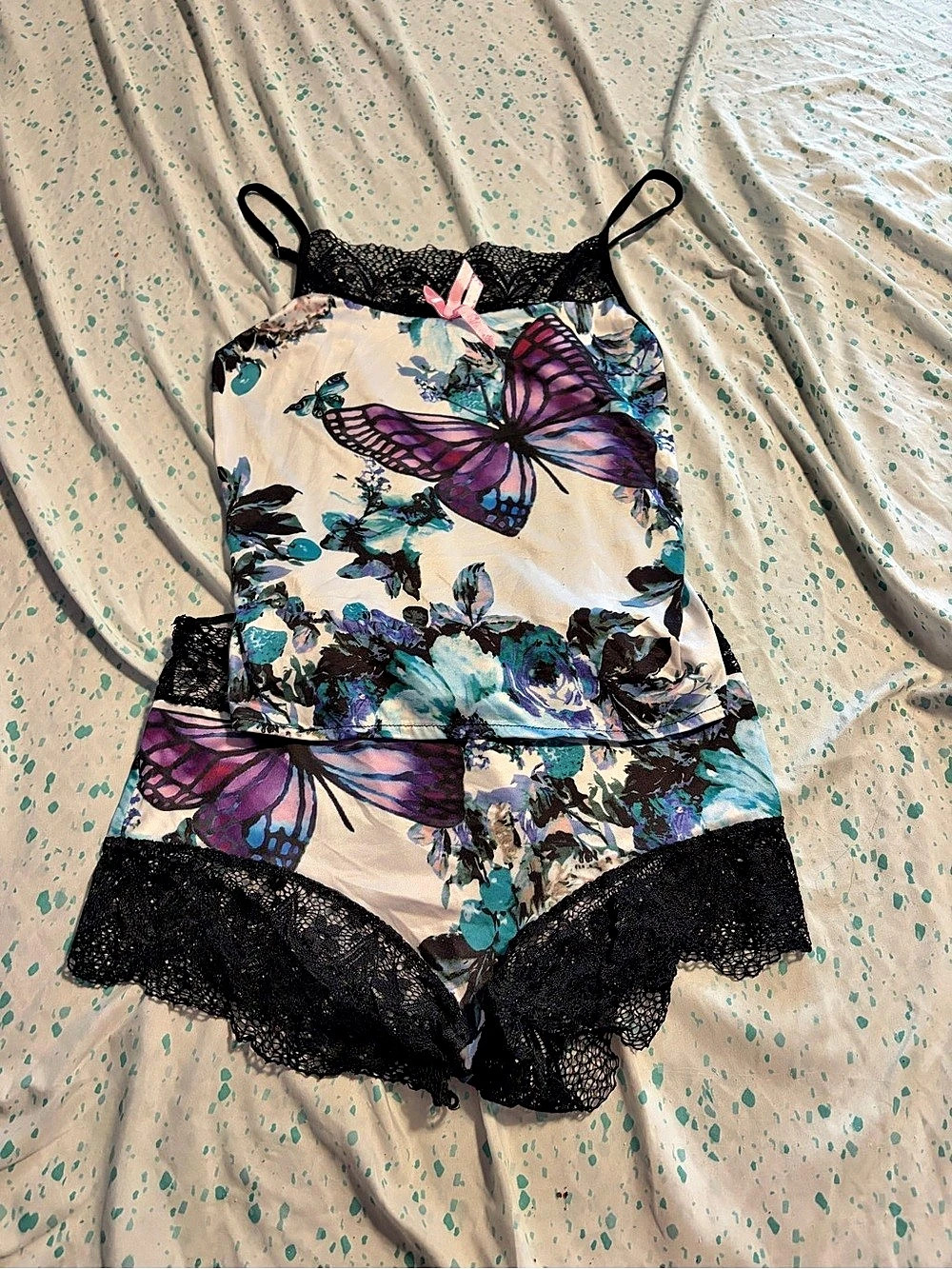 Floral Lace Trim Chemise in Blue & Black Like New